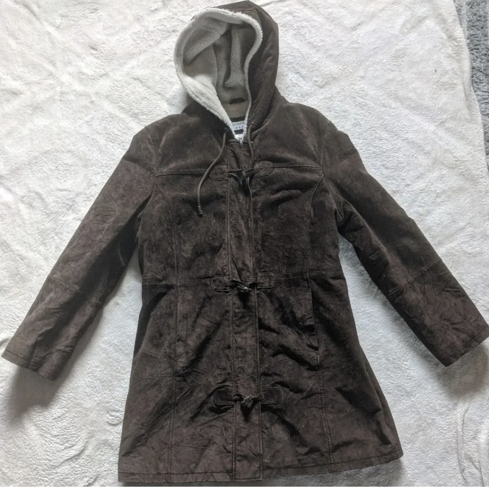 Covington Brown Suede Leather Fur Coat Size L Jacket Sherpa Hooded Tan Shearling